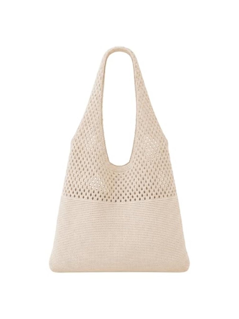 Crochet Mesh Beach Tote Bag, Knit Summer Vacation Aesthetic Boho Tote, Beige